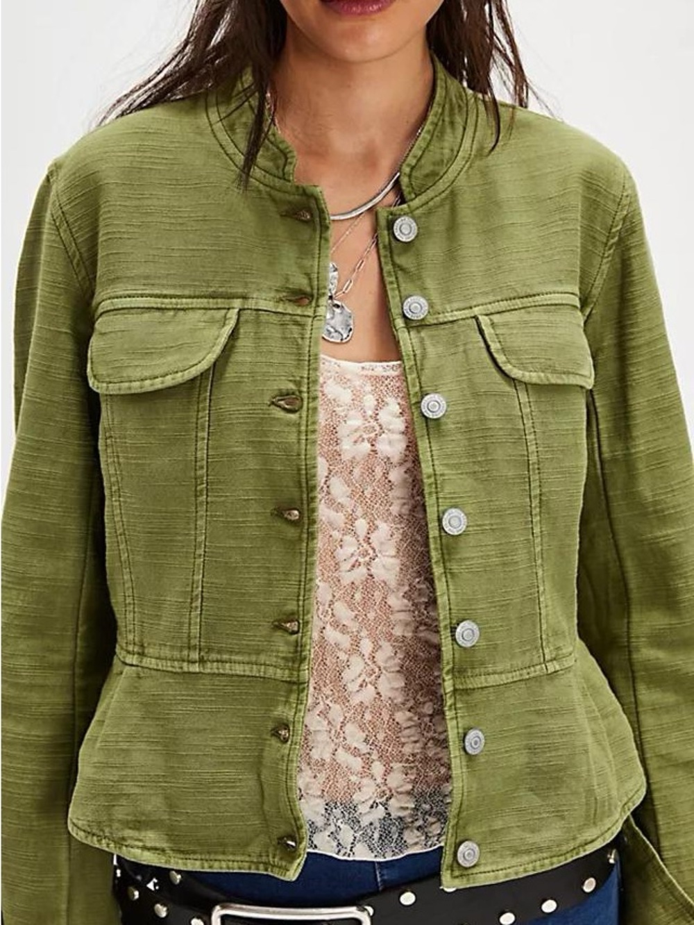 Free People pure cotton Jocelyn green utility light button up jacket S - Picture 2 of 11